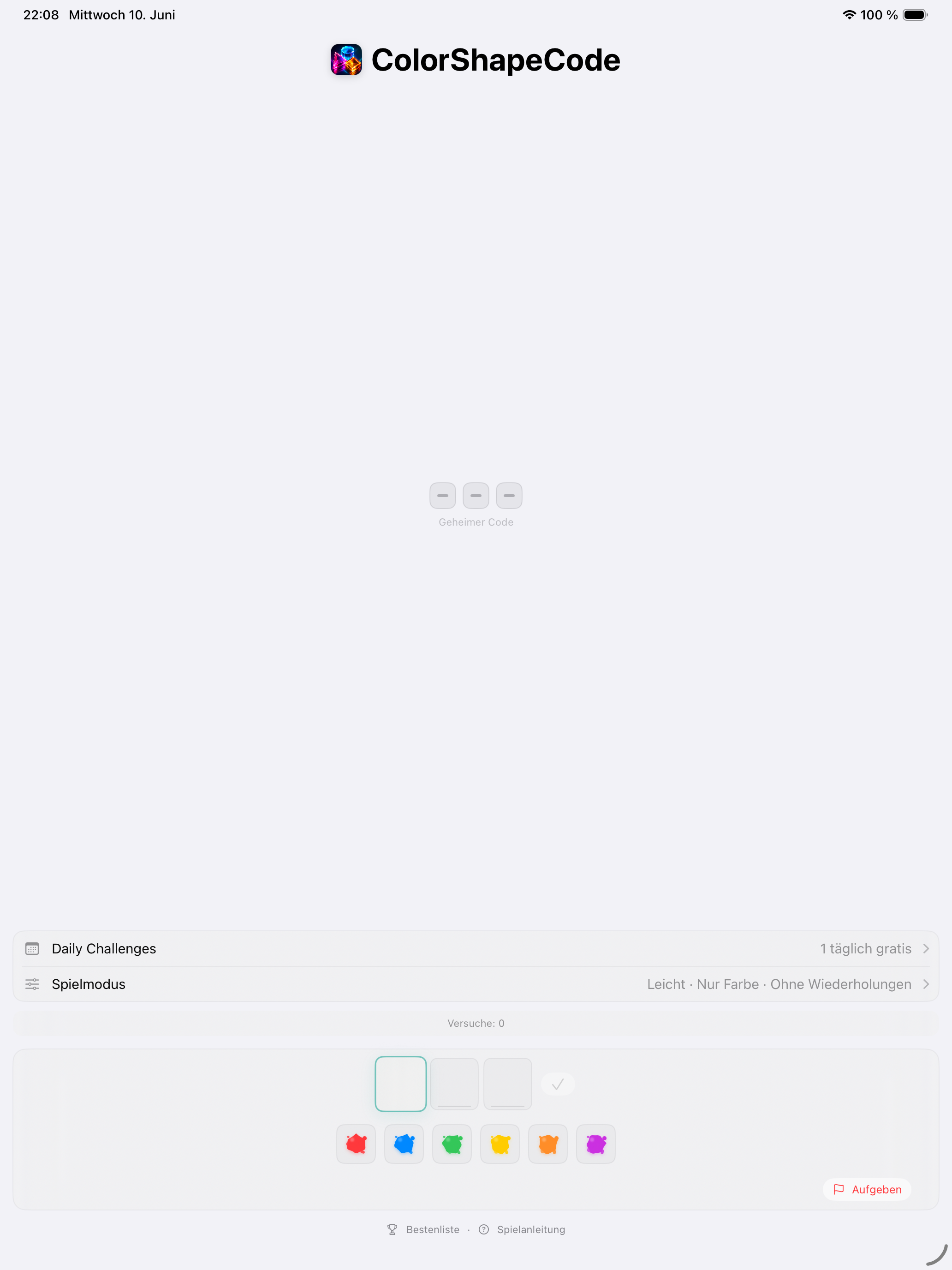 ColorShapeCode Spielauswahl auf dem iPad