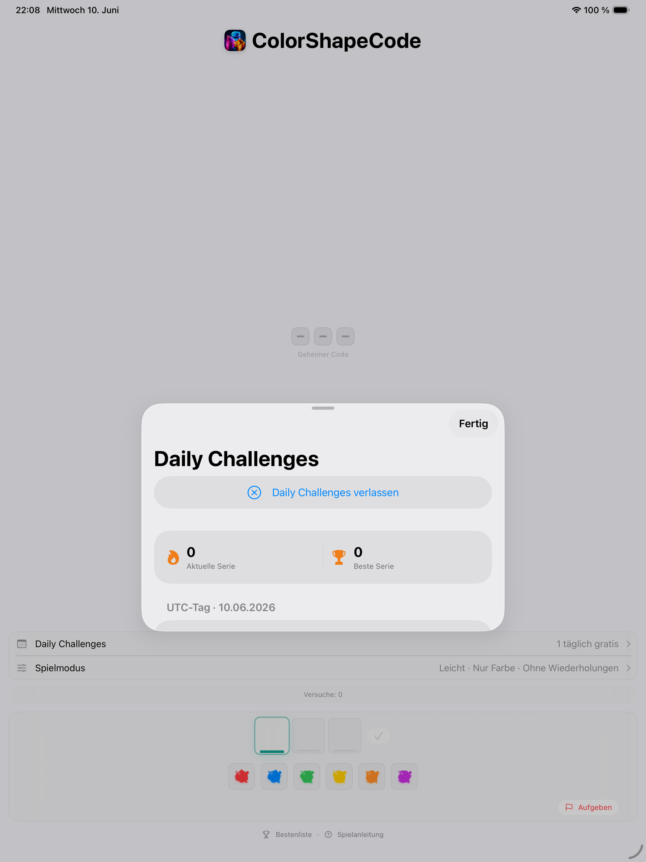 ColorShapeCode Spielbrett auf dem iPad