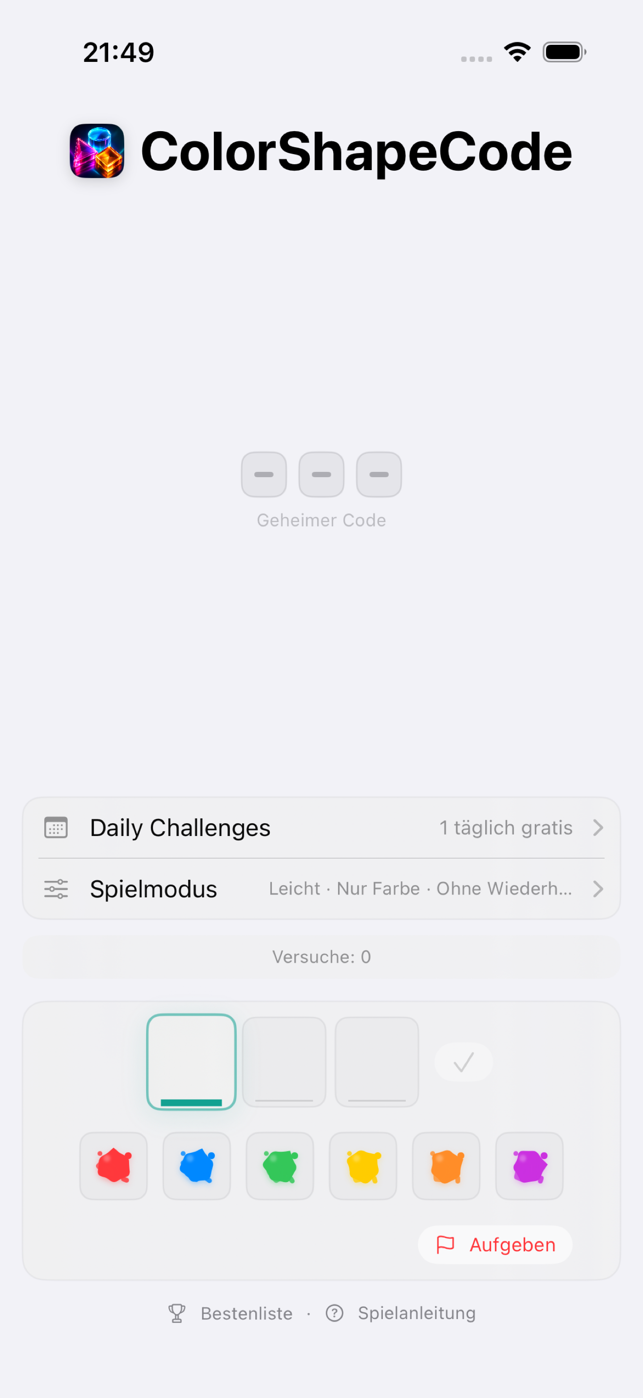 ColorShapeCode Spielauswahl auf dem iPhone