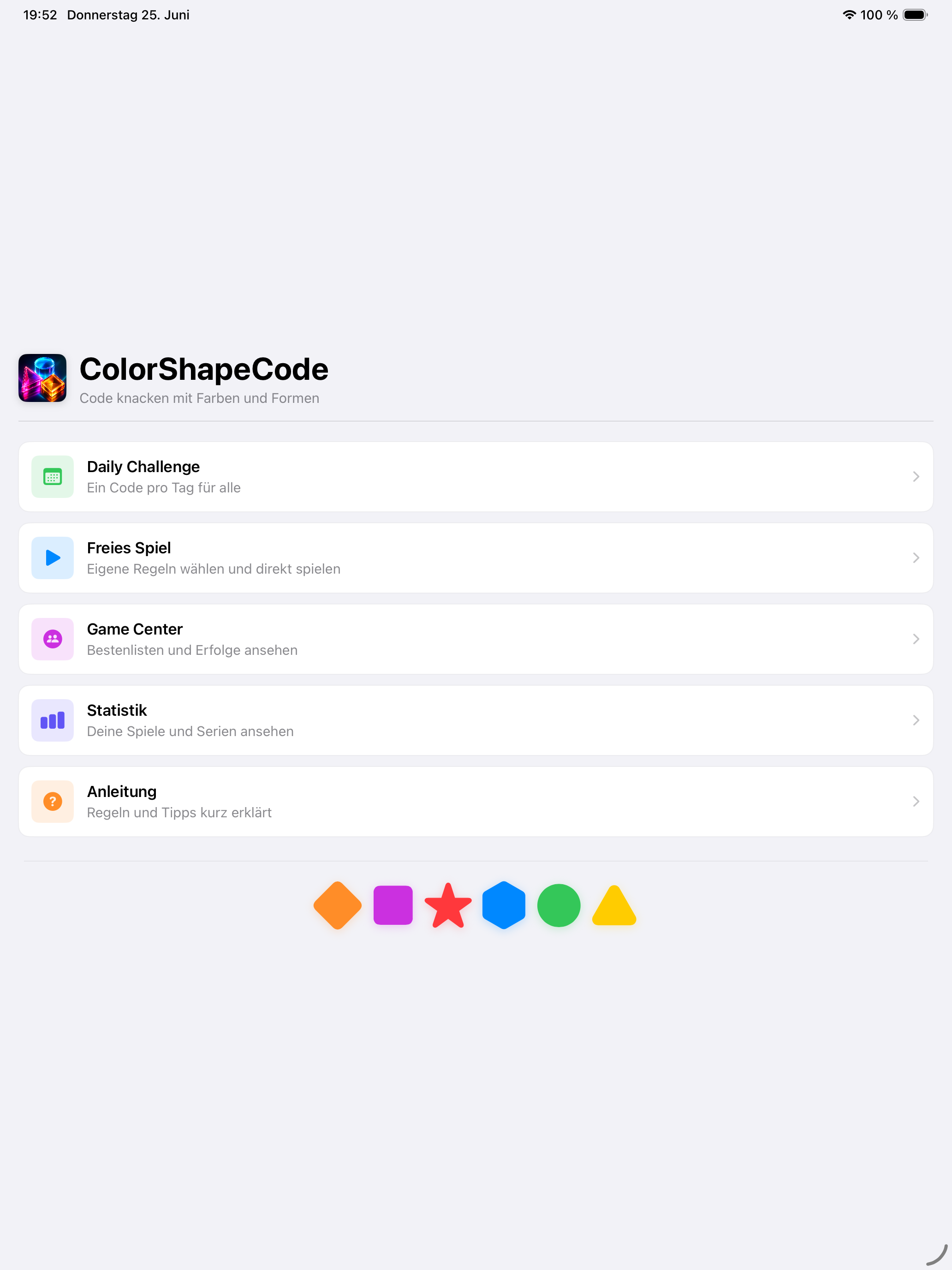 ColorShapeCode Hauptmenü auf dem iPad