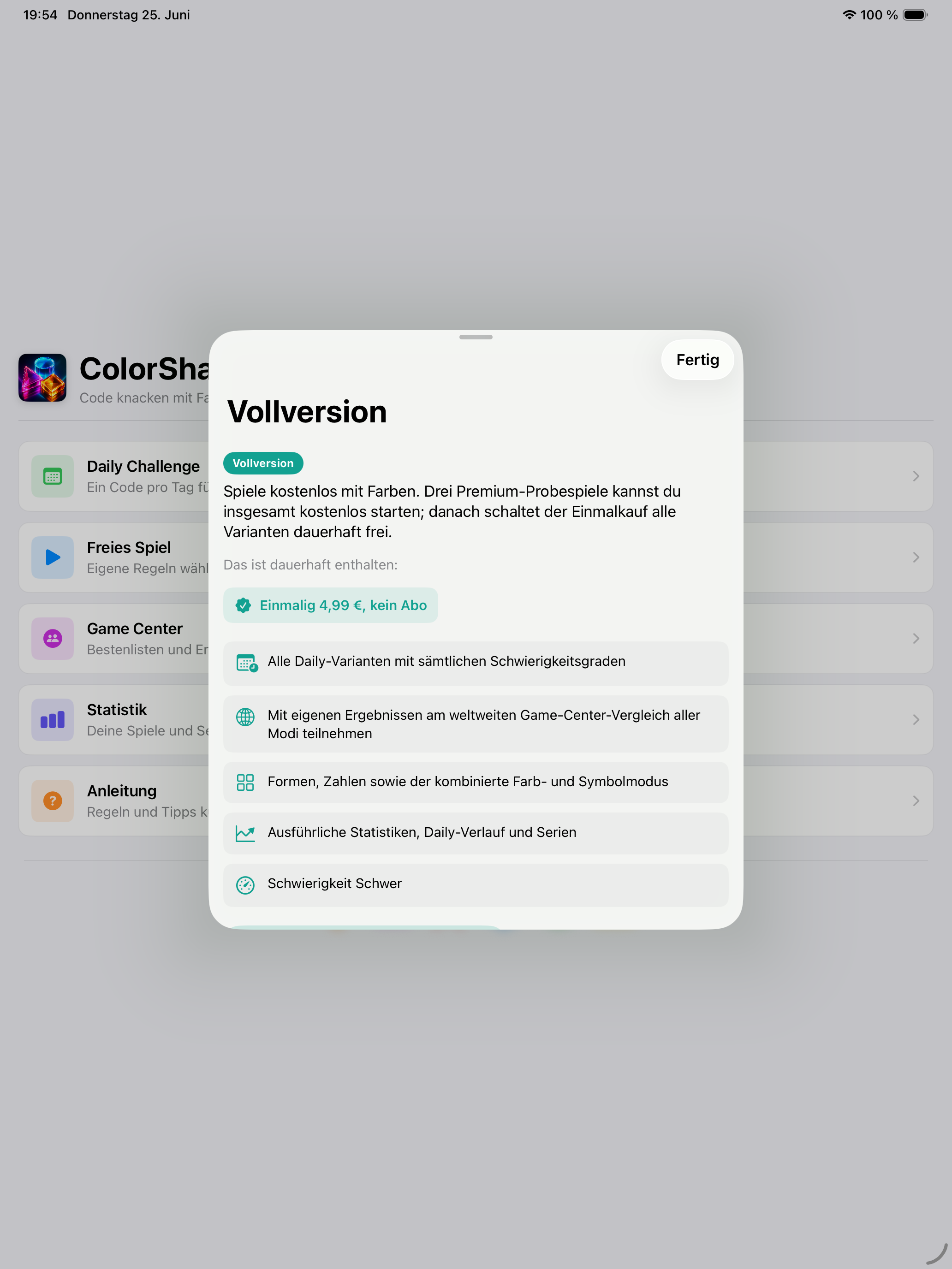 Vollversion von ColorShapeCode auf dem iPad
