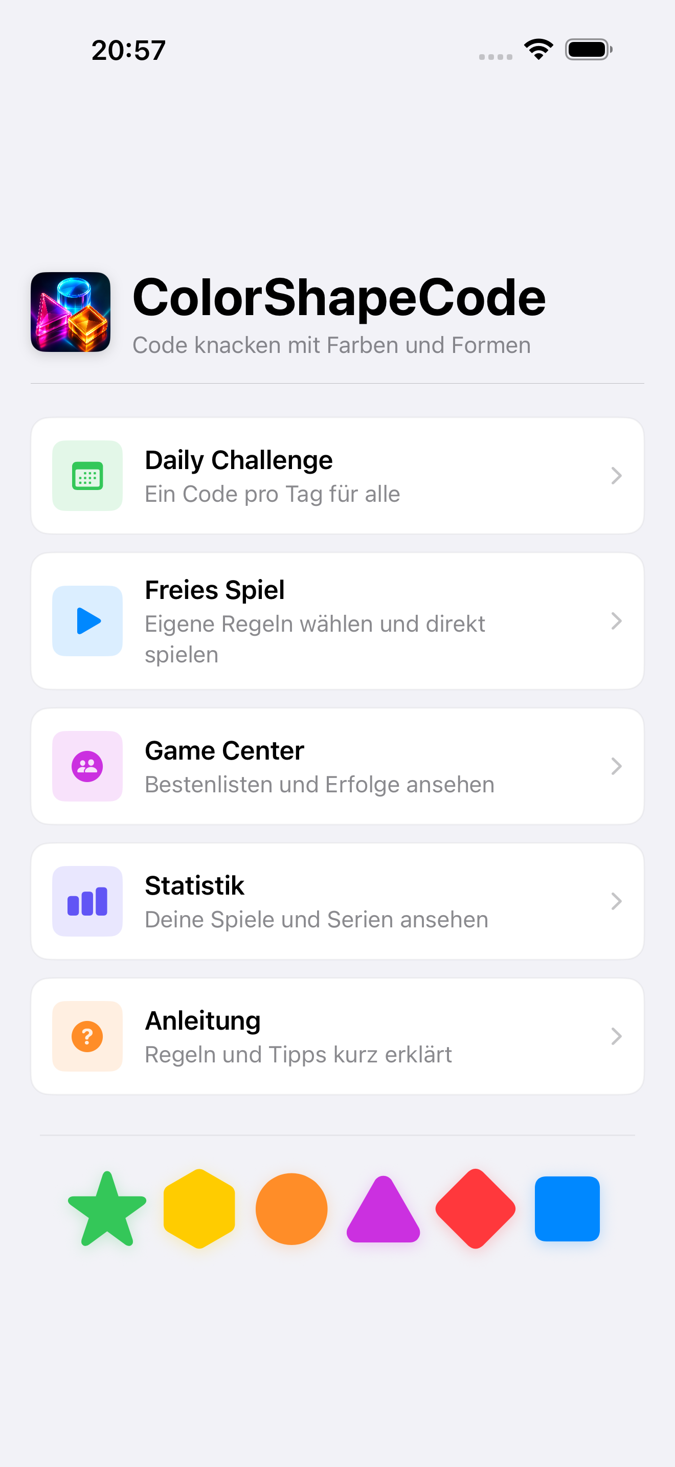 ColorShapeCode Hauptmenü auf dem iPhone