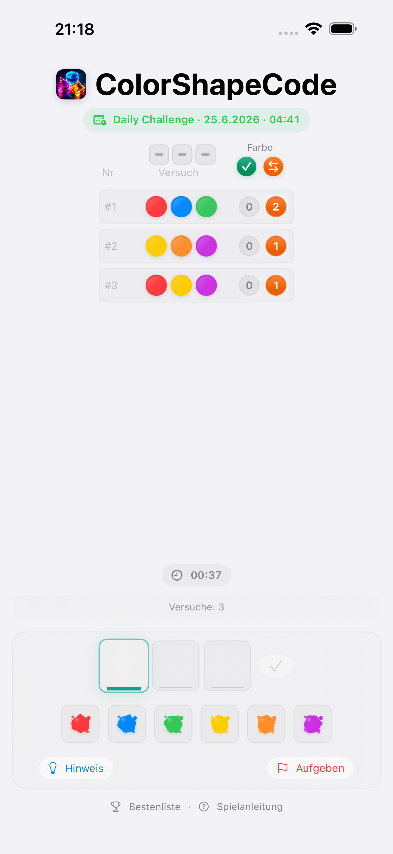 Laufende Daily Challenge mit drei Versuchen auf dem iPhone