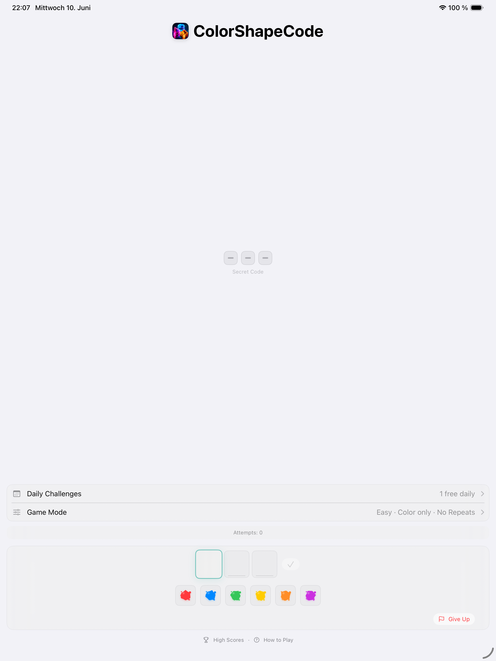 ColorShapeCode game selection on iPad