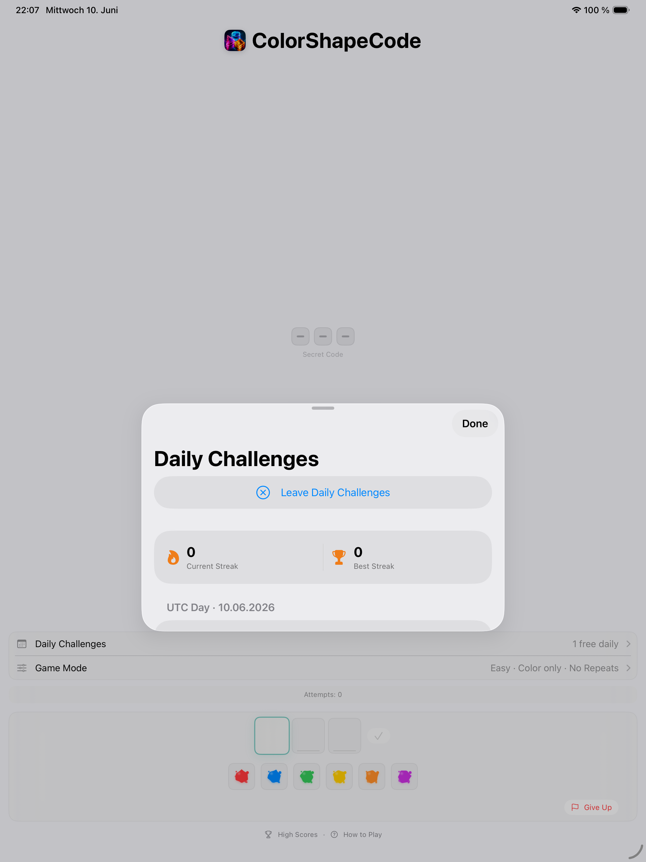 ColorShapeCode game board on iPad