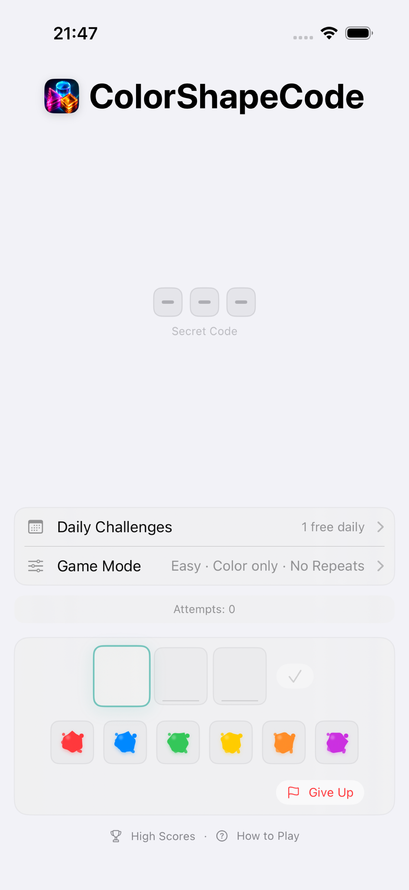 ColorShapeCode game selection on iPhone