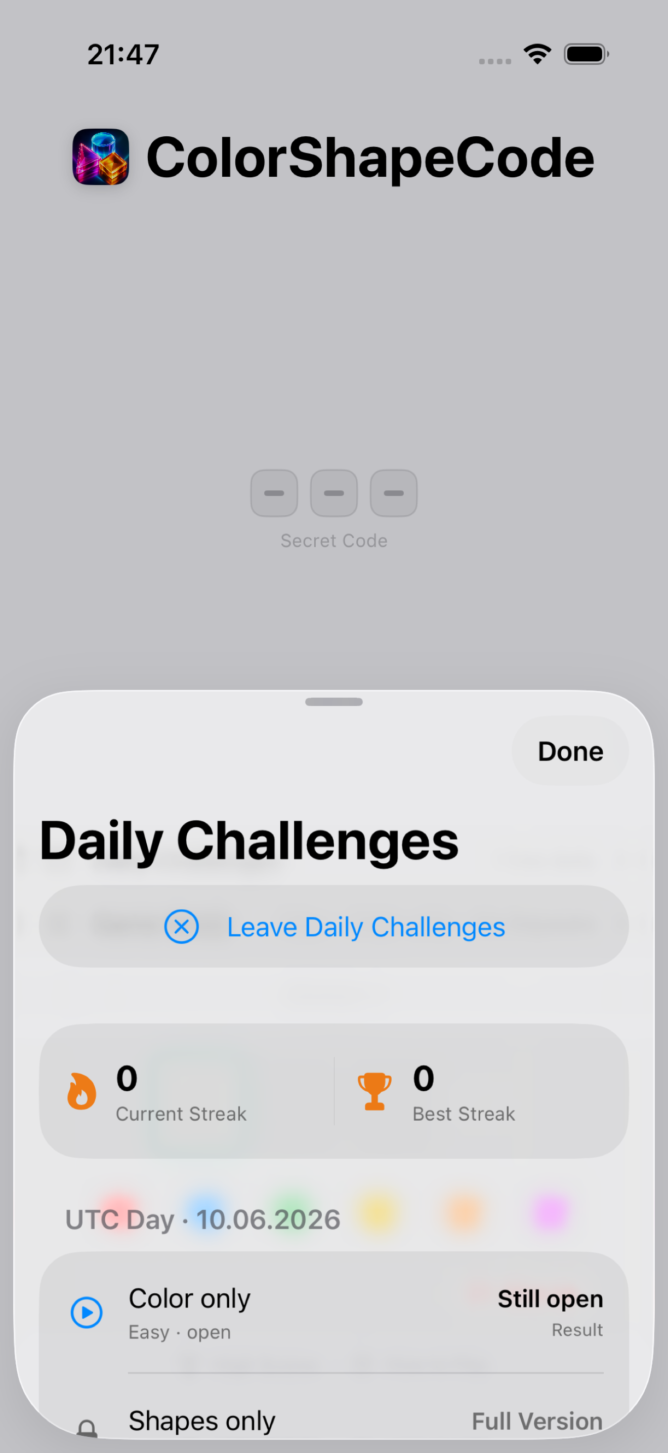 ColorShapeCode game board on iPhone