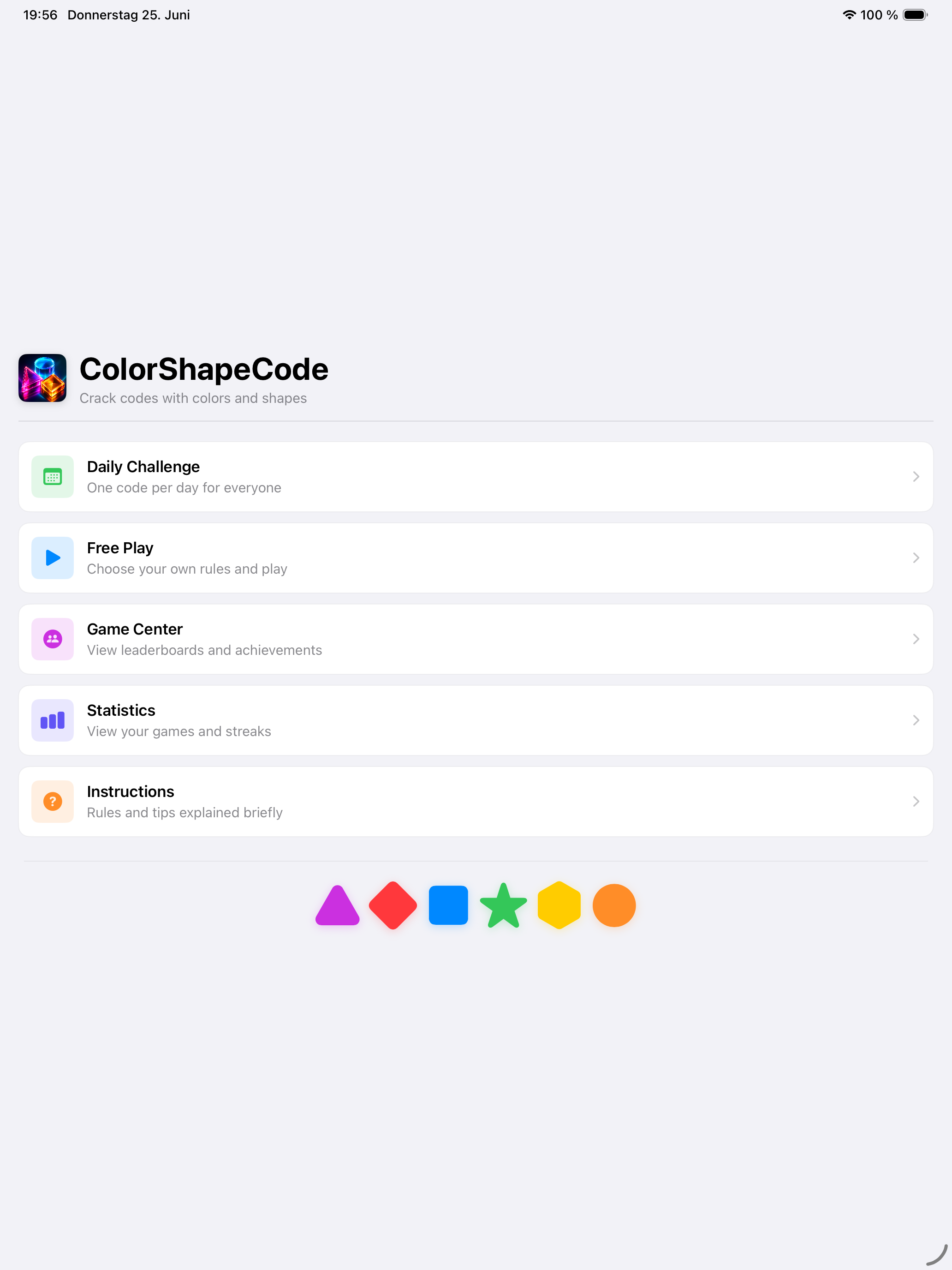 ColorShapeCode main menu on iPad