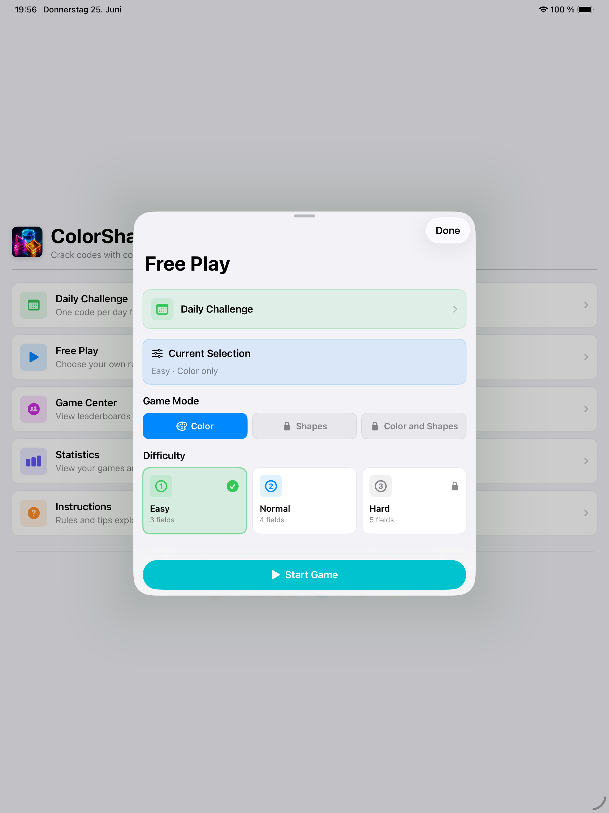 Free Play selection on iPad