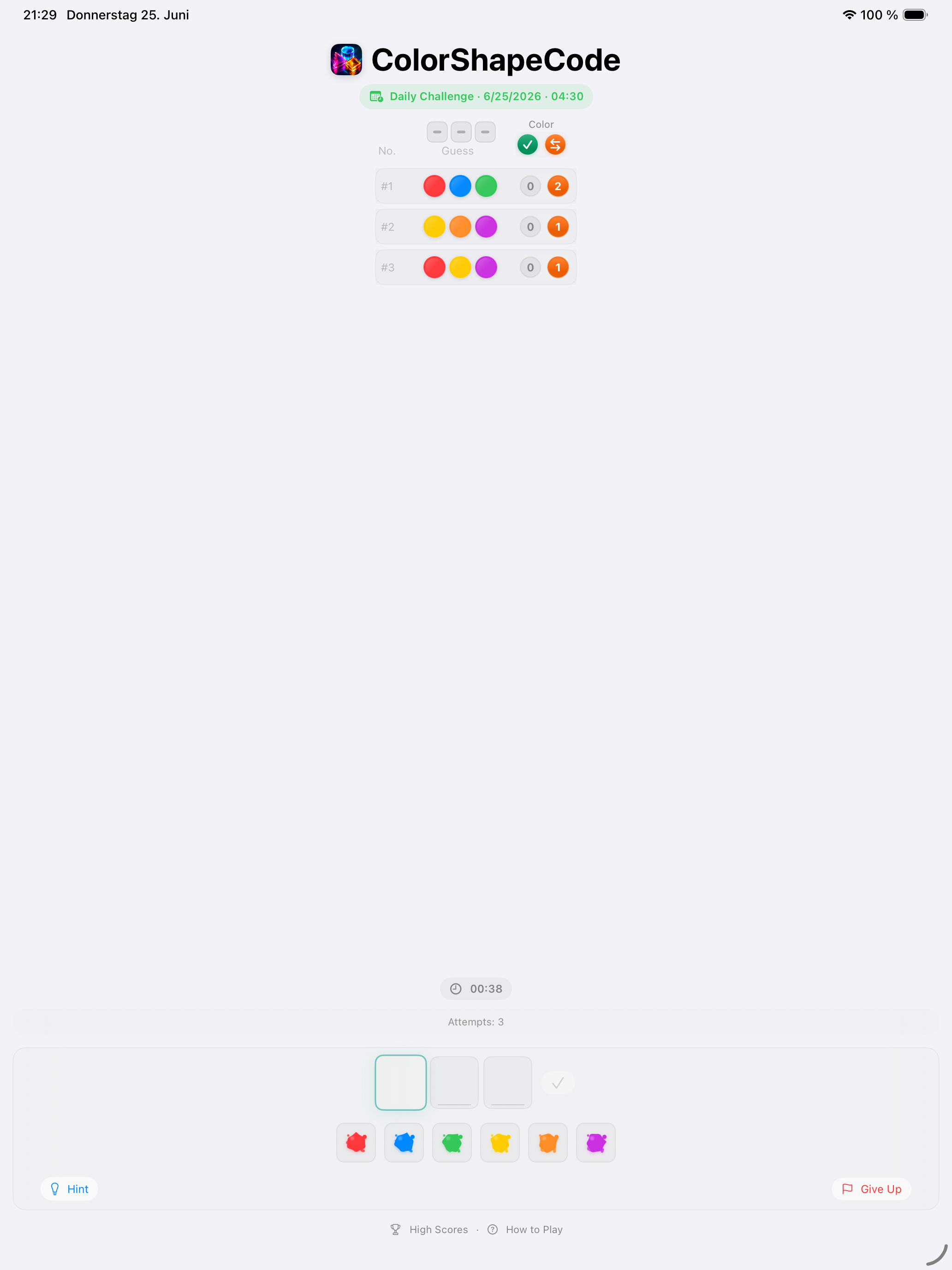 Daily Challenge in progress with three guesses on iPad