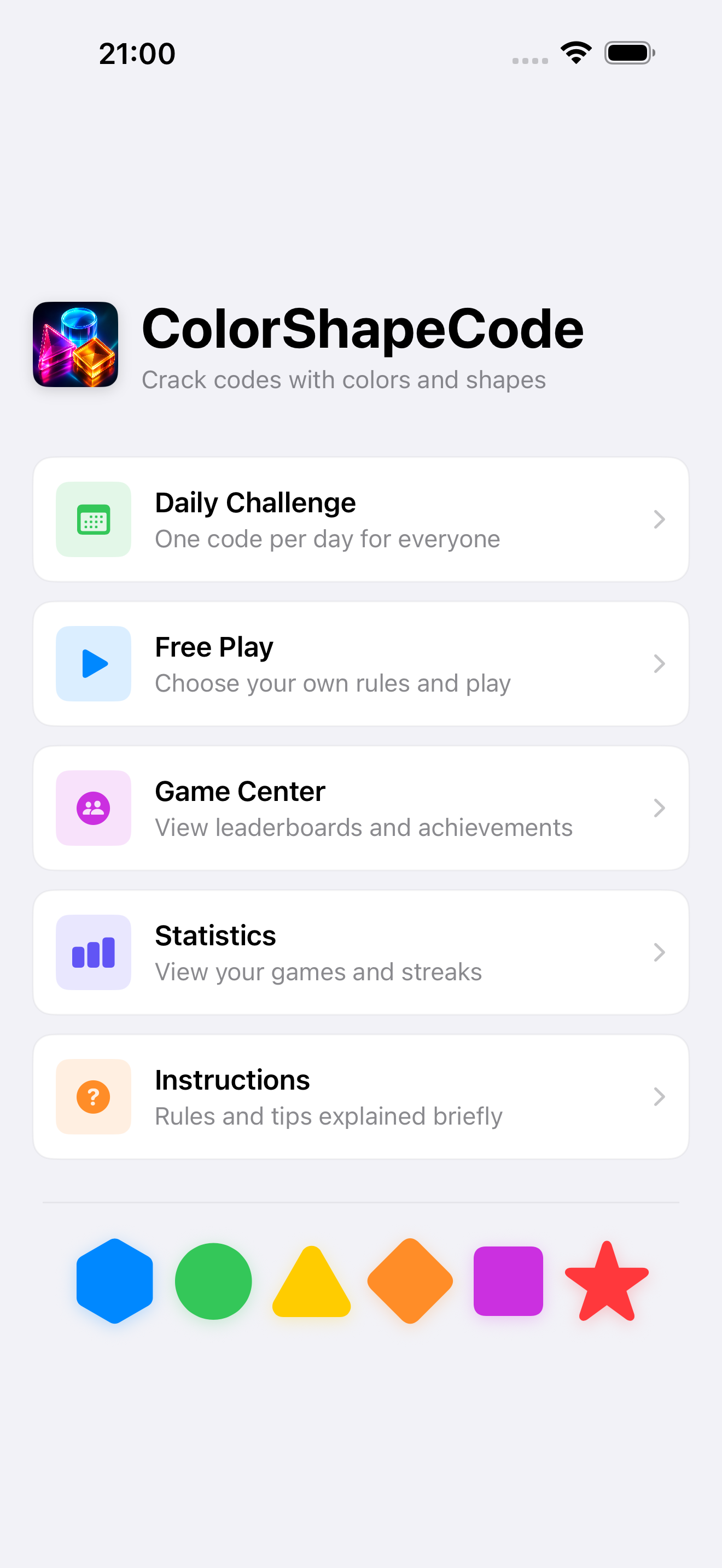 ColorShapeCode main menu on iPhone