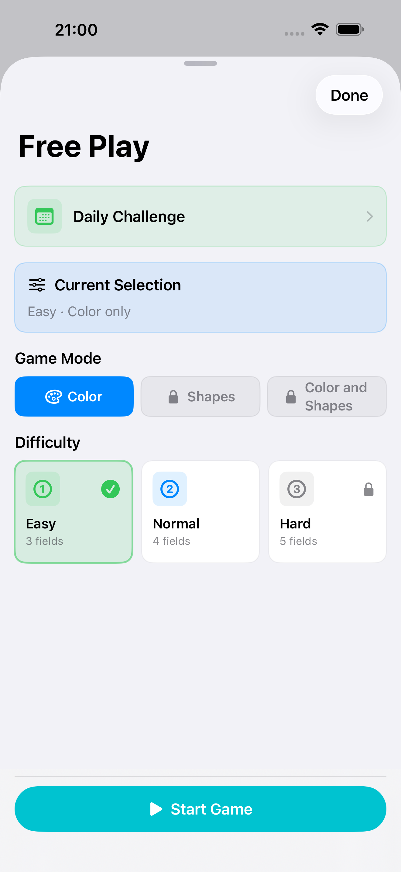Free Play selection on iPhone