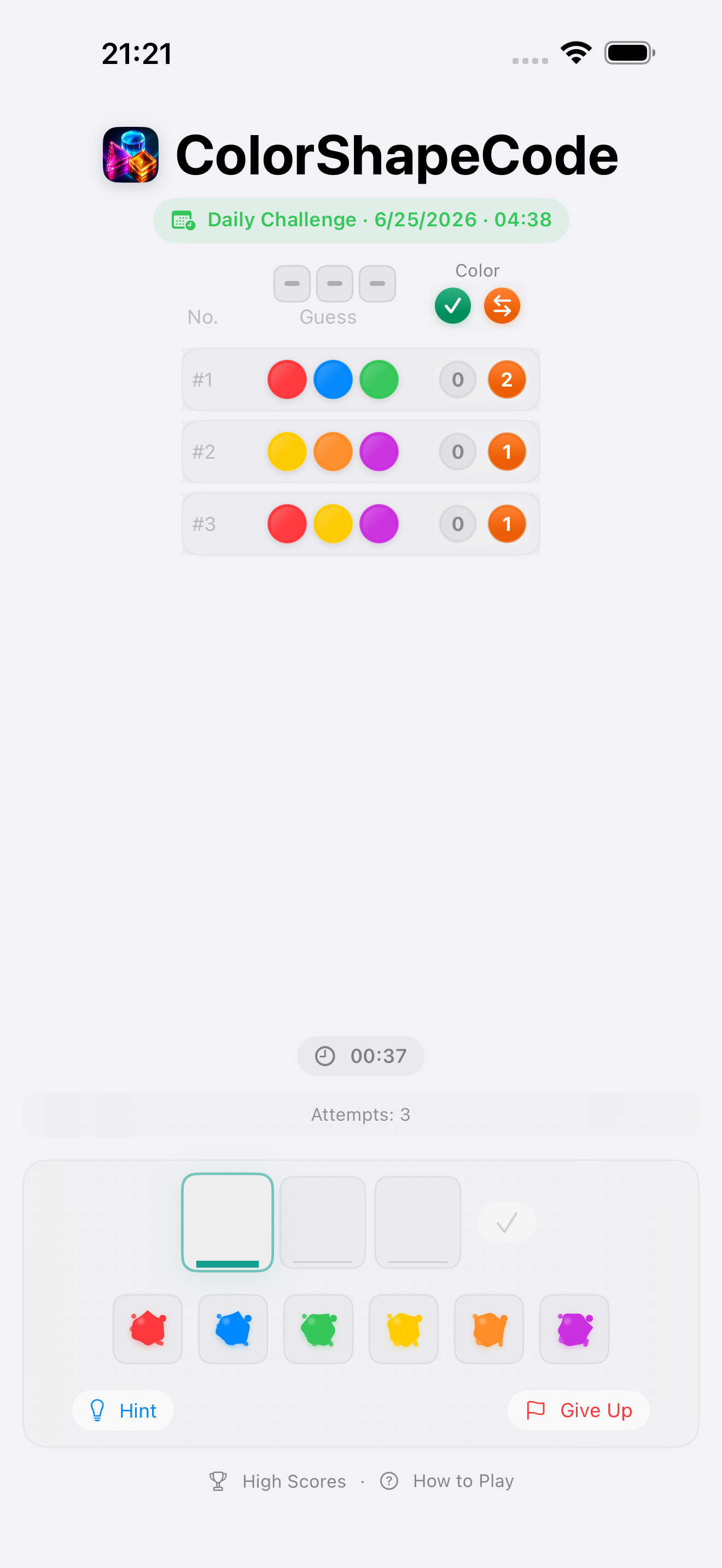 Daily Challenge in progress with three guesses on iPhone